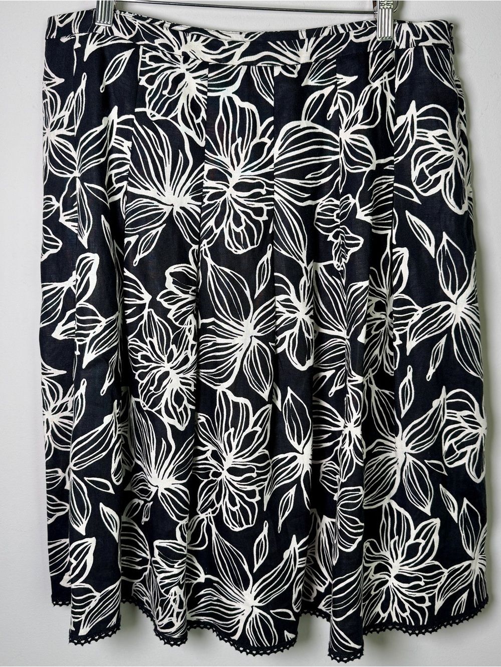 Style & Co 100% Linen Black White Floral Print A-Line Skirt Summer Size 12